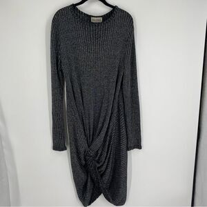 Salome Women’s Long Sleeve Ribbed Knit Tie Knot Midi Silver and Black Dress L